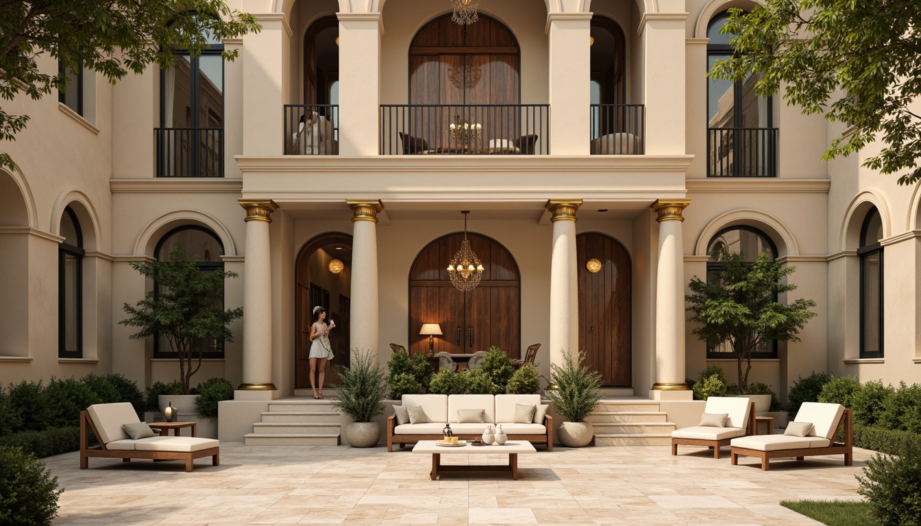 Prompt: Warm beige stone fa\u00e7ade, rich walnut wood accents, soft cream-colored columns, ornate golden details, subtle terracotta roof tiles, muted sage green shutters, elegant ivory marble floors, classic black ironwork, refined bronze door handles, sophisticated neutral-toned walls, dramatic high ceilings, grand crystal chandeliers, warm ambient lighting, shallow depth of field, 2/3 composition, symmetrical framing, realistic textures, subtle atmospheric effects.