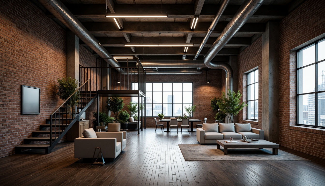 Prompt: Exposed brick walls, metal beams, industrial pipes, reclaimed wood floors, high ceilings, minimalist decor, modern LED lighting, sleek steel furniture, urban cityscape views, concrete columns, functional catwalks, metallic staircases, distressed finishes, edgy textures, moody color palette, dramatic shadows, cinematic lighting, 3/4 composition, low-angle shot, gritty realistic render.