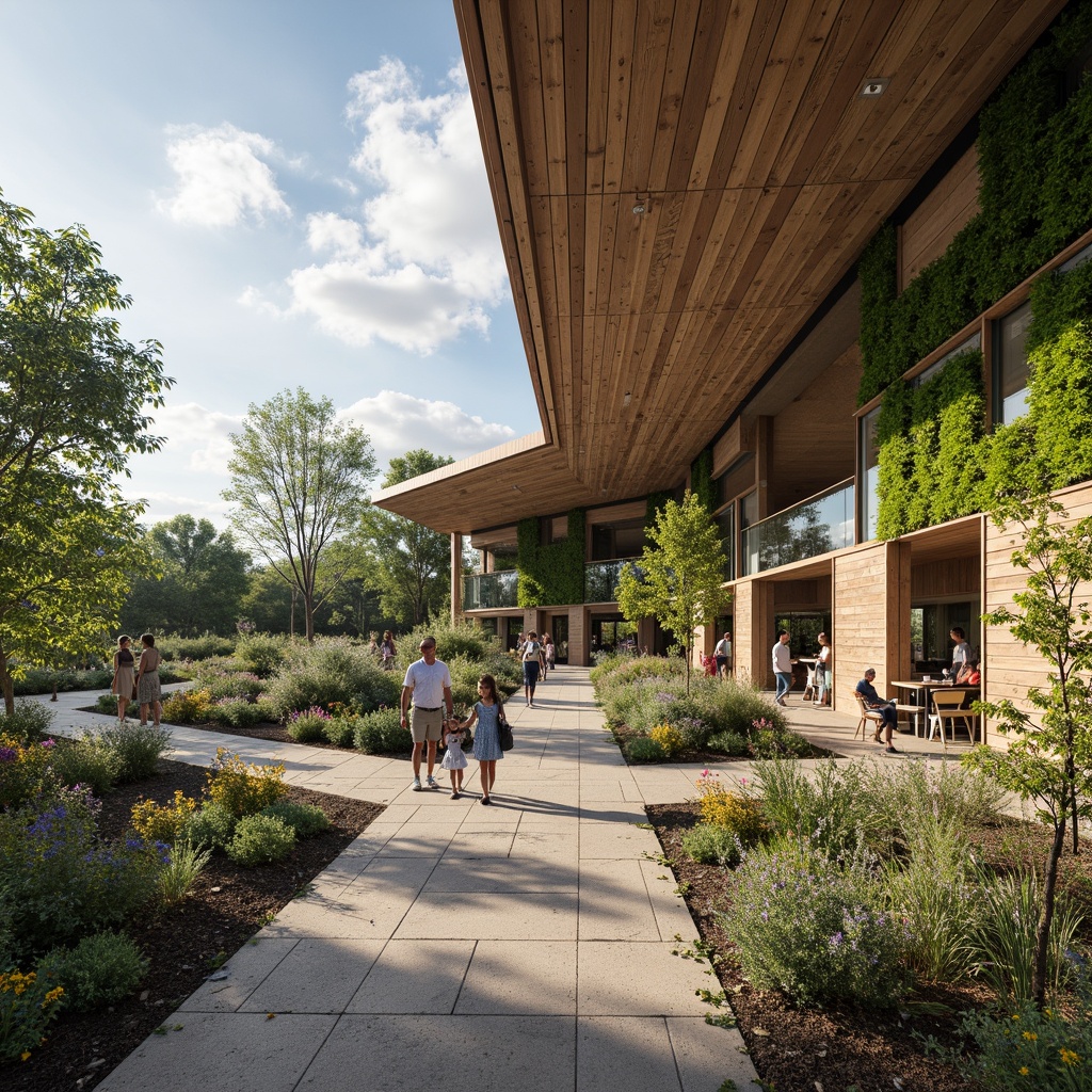 Prompt: Eco-friendly visitor center, natural materials, reclaimed wood accents, living green walls, rainwater harvesting systems, solar panels, wind turbines, energy-efficient lighting, minimal waste generation, recycling facilities, organic gardens, native plant species, educational signage, interactive exhibits, panoramic views, large windows, clerestory windows, natural ventilation, passive solar design, earthy color palette, rustic textures, 3/4 composition, shallow depth of field, realistic rendering.