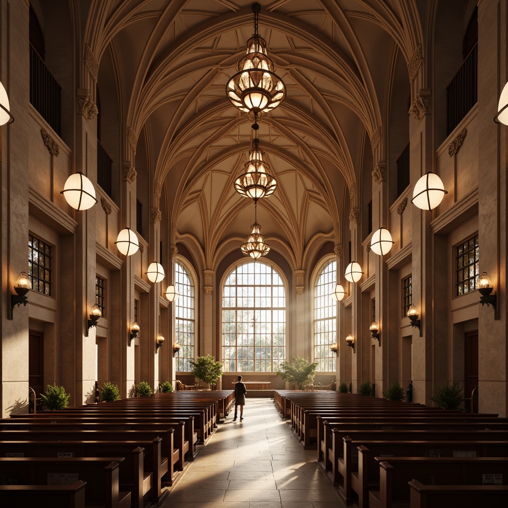 Prompt: Elegant worship hall, high ceilings, grand chandeliers, soft warm lighting, subtle color temperature, ambient illumination, LED strip lights, minimalist fixtures, sacred symbols, intricate stone carvings, stained glass windows, natural light pouring in, dramatic shadows, 1/1 composition, symmetrical framing, realistic textures, atmospheric rendering.