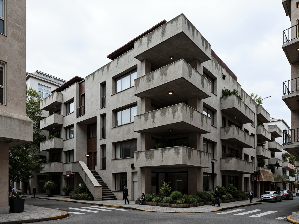 Prompt: Brutalist student hall, rugged concrete facade, bold geometric forms, cantilevered balconies, raw unfinished textures, industrial-style windows, minimalist ornamentation, functional simplicity, urban campus setting, overcast sky, dramatic shadows, high-contrast lighting, 1/1 composition, symmetrical framing, realistic materials, ambient occlusion.