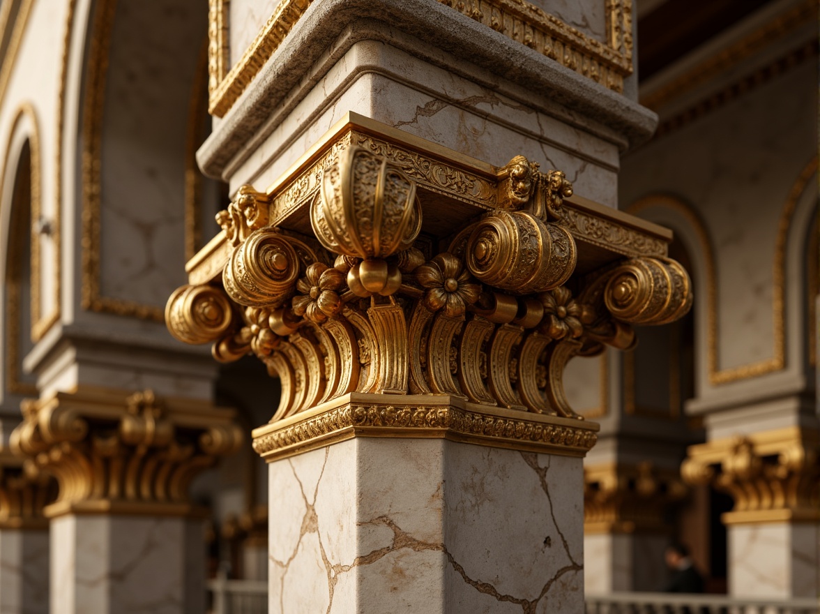 Prompt: Ornate column capitals, intricately carved marble, gilded details, grandiose proportions, ornamental volutes, twisted fluting, Corinthian columns, richly textured stone, lavish decorations, dramatic lighting, warm golden tones, highly detailed carvings, curved lines, sweeping arches, grand entranceways, opulent materials, majestic atmosphere, shallow depth of field, 1/1 composition, realistic textures, ambient occlusion.