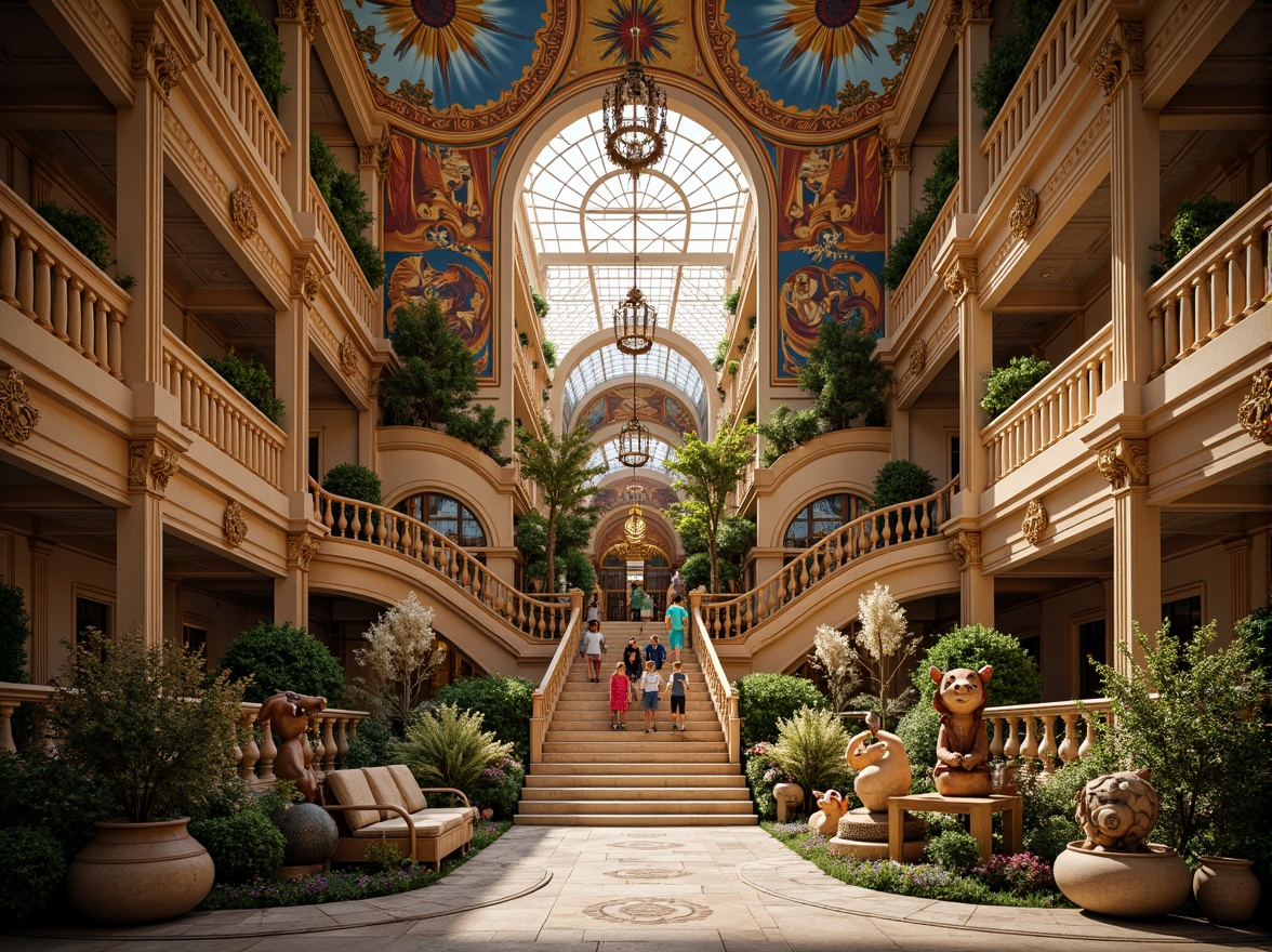 Prompt: Intricate kindergarten, ornate Baroque architecture, lavish decorations, golden accents, curved lines, grand entrance, sweeping staircases, opulent chandeliers, vibrant colorful murals, whimsical sculptures, playful fountains, lush greenery, soft warm lighting, shallow depth of field, 1/1 composition, realistic textures, ambient occlusion.