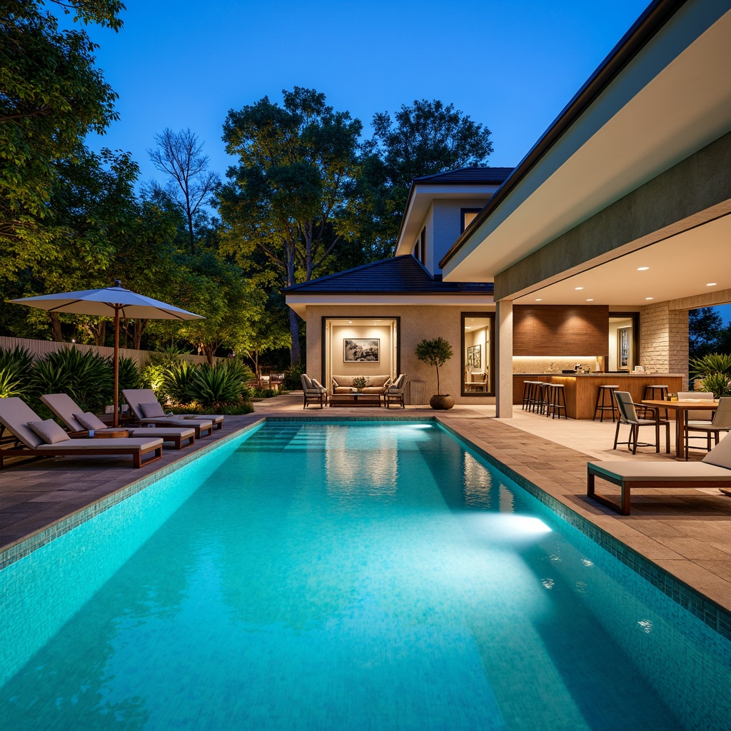 Prompt: Luxurious backyard oasis, sparkling blue water, sun-kissed deck, comfortable lounge chairs, refreshing poolside bar, natural stone coping, sleek fiberglass pool shell, durable concrete pavers, vibrant turquoise tile accents, modern LED lighting, warm ambiance, shallow depth of field, 1/1 composition, realistic textures, ambient occlusion.