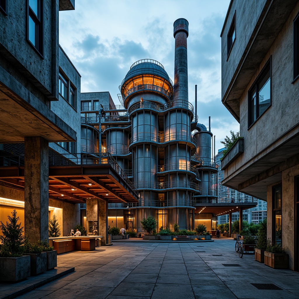 Prompt: Industrial energy plant, deconstructivist architecture, exposed steel beams, rusted metal pipes, concrete foundations, neon-lit control rooms, futuristic machinery, vibrant orange accents, deep blue tones, metallic silver hues, bold yellow highlights, distressed textures, urban cityscape, cloudy grey skies, dramatic lighting, high contrast shadows, 1/2 composition, cinematic atmosphere, realistic reflections, ambient occlusion.