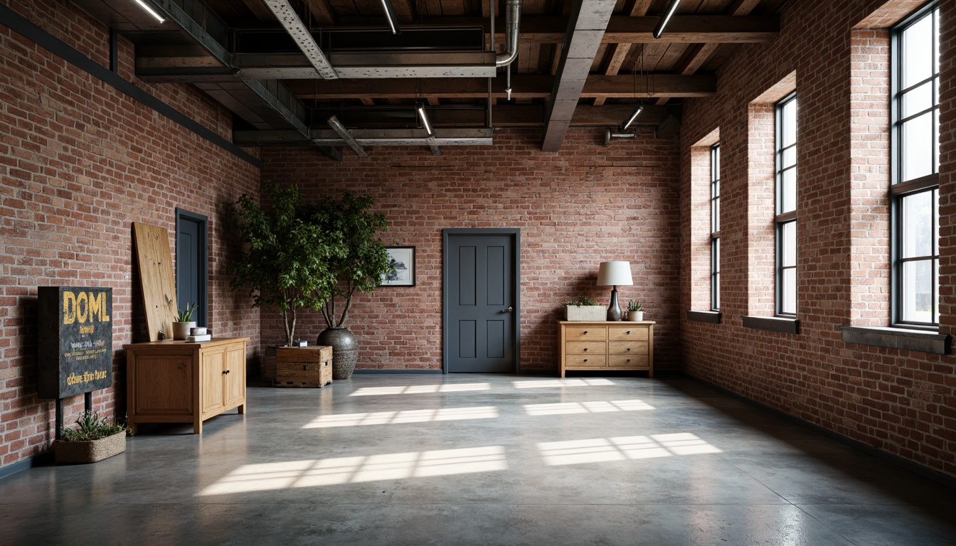 Prompt: Industrial factory setting, exposed brick walls, metal beams, concrete floors, minimalist decor, functional lighting, textured surfaces, distressed wood accents, rusty metal details, urban atmosphere, soft natural light, shallow depth of field, 1/1 composition, realistic materials, ambient occlusion.