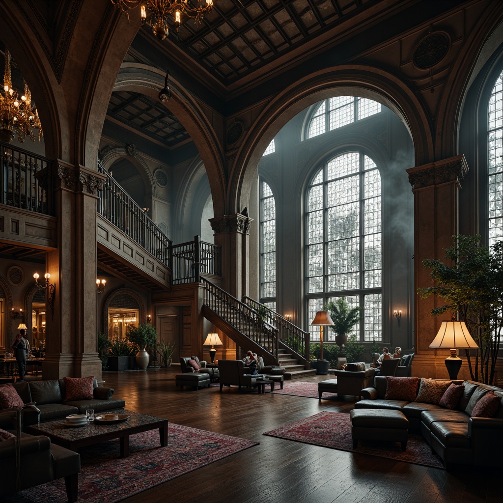 Prompt: Luxurious penthouse, Gothic Revival architecture, ornate stone carvings, grandiose archways, ribbed vaulted ceilings, stained glass windows, intricate ironwork, lavish furnishings, velvet drapes, crystal chandeliers, dark wood paneling, mysterious ambiance, dramatic lighting, cinematic composition, high contrast ratio, atmospheric fog, mystical atmosphere.