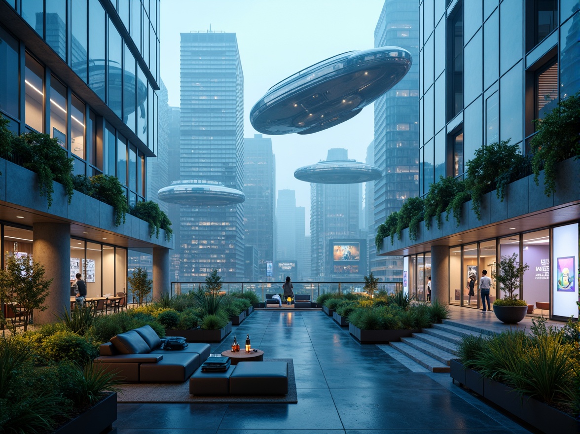 Prompt: Futuristic cityscape, neon-lit skyscrapers, holographic advertisements, levitating transportation pods, curved metallic buildings, iridescent glass facades, angular rooftops, verdant green walls, hydroponic gardens, misty atmospheric effects, soft blue ambient lighting, shallow depth of field, 1/1 composition, panoramic view, realistic reflections, ambient occlusion, sleek modern furniture, minimalist decor, futuristic gadgets, virtual reality interfaces, augmented reality displays.