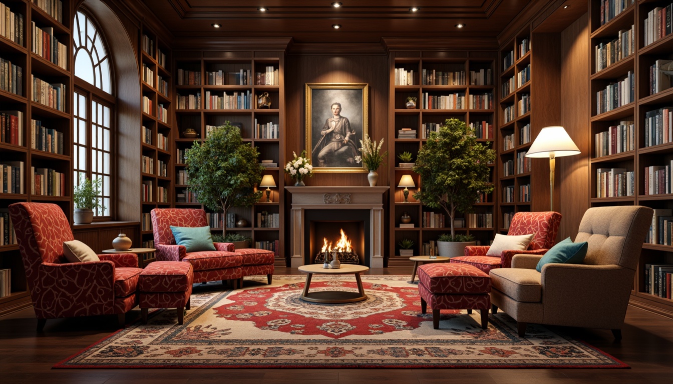 Prompt: Cozy library atmosphere, plush area rugs, comfortable reading nooks, warm wood accents, floor-to-ceiling bookshelves, soft cushioned chairs, vibrant colorful throw pillows, natural fiber upholstery, intricate geometric patterns, rich velvet fabrics, ambient warm lighting, shallow depth of field, 1/1 composition, realistic textures, subtle color palette, quiet studious ambiance.