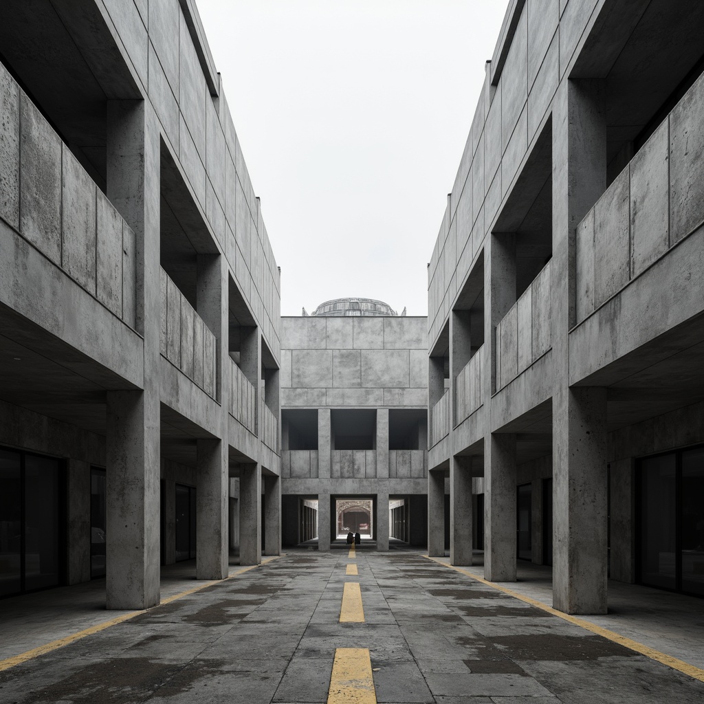 Prompt: Geometric buildings, brutalist architecture, raw concrete textures, industrial materials, minimalist decor, open floor plans, functional spaces, modular structures, repetitive patterns, symmetrical compositions, abstract art pieces, monochromatic color schemes, dramatic lighting effects, high contrast shadows, 1/1 composition, low-angle shots, cinematic atmosphere, futuristic ambiance.