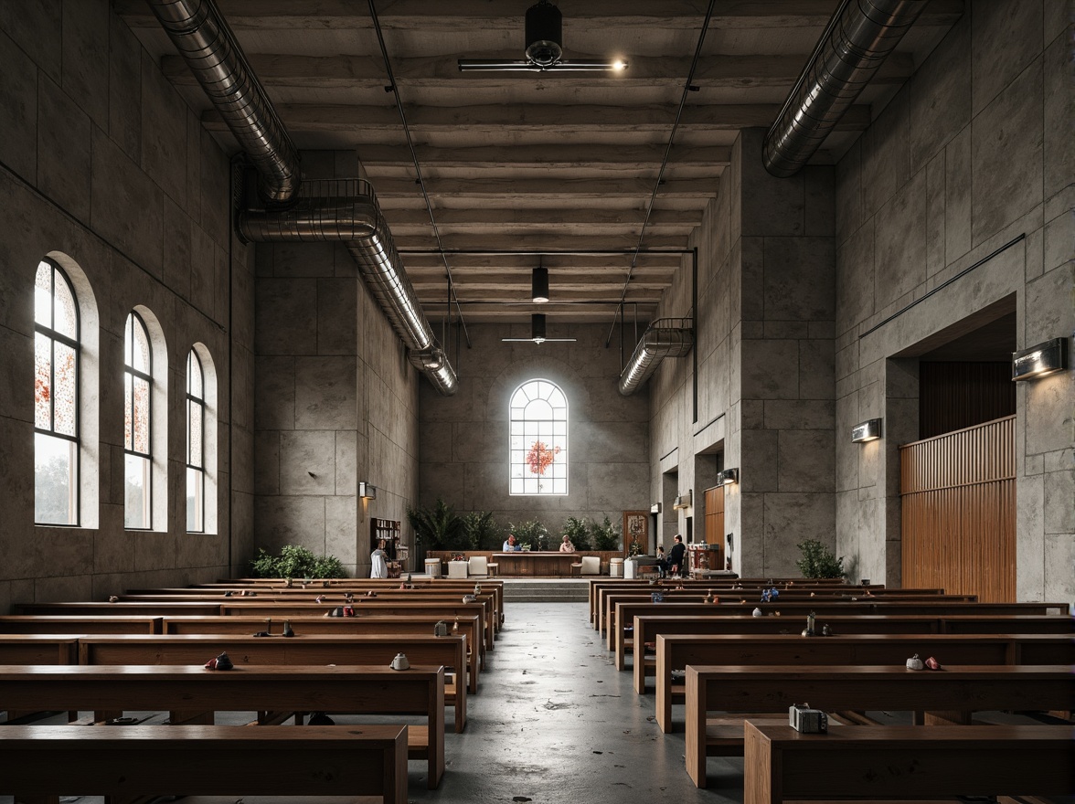 Prompt: Rugged brutalist church, raw concrete textures, bold monochromatic color scheme, dramatic natural light, stained glass windows, minimalist decor, industrial-style lighting fixtures, exposed ductwork, geometric shapes, abstract patterns, earthy tones, muted pastels, weathered stone walls, distressed wood accents, atmospheric fog, soft diffused lighting, high contrast ratio, 1/1 composition, symmetrical framing, realistic materials, ambient occlusion.