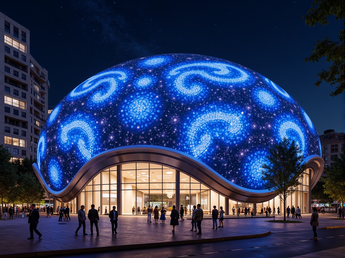 Prompt: Glowing planetarium dome, futuristic facade design, sleek metallic surfaces, neon-lit celestial patterns, starry night sky, modernist architecture, curved lines, geometric shapes, minimalist aesthetic, LED light installations, ambient lighting effects, shallow depth of field, 1/1 composition, panoramic view, realistic textures, ambient occlusion, urban cityscape, bustling streets, vibrant nightlife, cosmopolitan atmosphere.