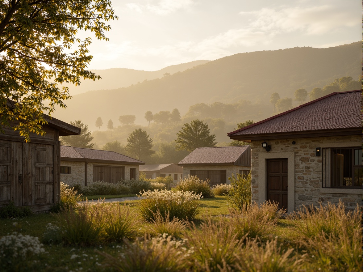 Prompt: Rustic rural landscape, earthy tones, warm beige, soft sage, muted terracotta, weathered wood textures, natural stone walls, vintage metal roofs, wildflower fields, rolling hills, serene countryside, misty morning, golden hour lighting, shallow depth of field, 1/2 composition, intimate focus, realistic atmosphere, subtle color grading.