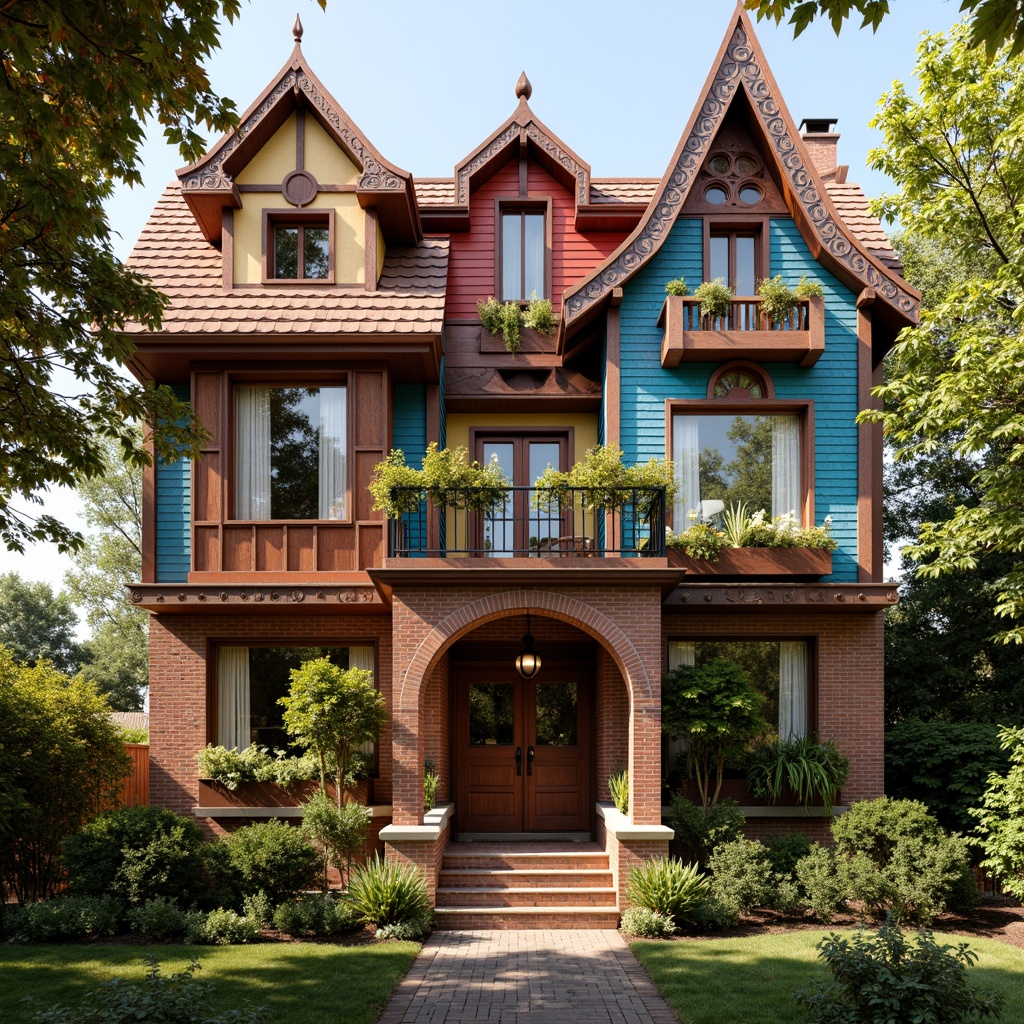 Prompt: Vibrant eclectic house facade, asymmetrical composition, mixed materials, ornate decorations, bold color schemes, intricate wood carvings, ornamental metalwork, grand entranceways, sweeping arches, decorative columns, patterned brickwork, textured stucco, lush greenery, overflowing flower boxes, whimsical rooflines, playful dormer windows, eclectic architectural details, warm golden lighting, shallow depth of field, 1/1 composition, realistic textures, ambient occlusion.