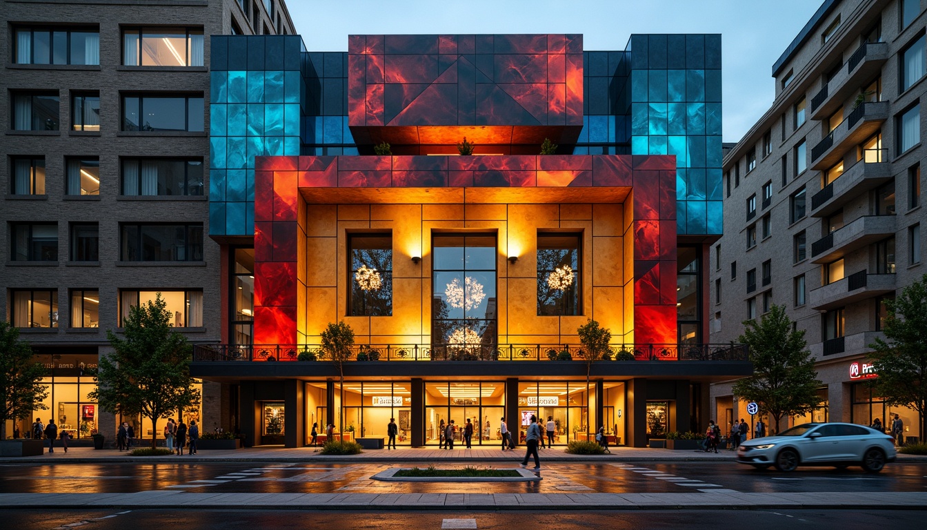 Prompt: Vibrant theater facade, constructivist architecture, geometric shapes, bold colors, abstract patterns, metallic materials, industrial textures, dramatic lighting, spotlights, grand entrance, ornate details, sculptural elements, avant-garde design, futuristic vibe, urban cityscape, evening atmosphere, warm golden lighting, shallow depth of field, 1/1 composition, symmetrical framing, high-contrast colors, intricate stonework, ornamental railings.