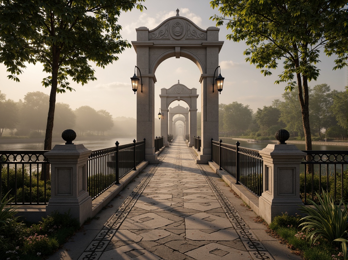 Prompt: Elegant pedestrian bridge, ornate iron railings, classicism-inspired arches, refined stone pillars, intricate carvings, ornamental lanterns, soft warm lighting, misty morning atmosphere, serene river views, lush greenery surroundings, natural stone walkways, decorative metalwork, subtle golden accents, symmetrical composition, shallow depth of field, 3/4 perspective, realistic textures, ambient occlusion.