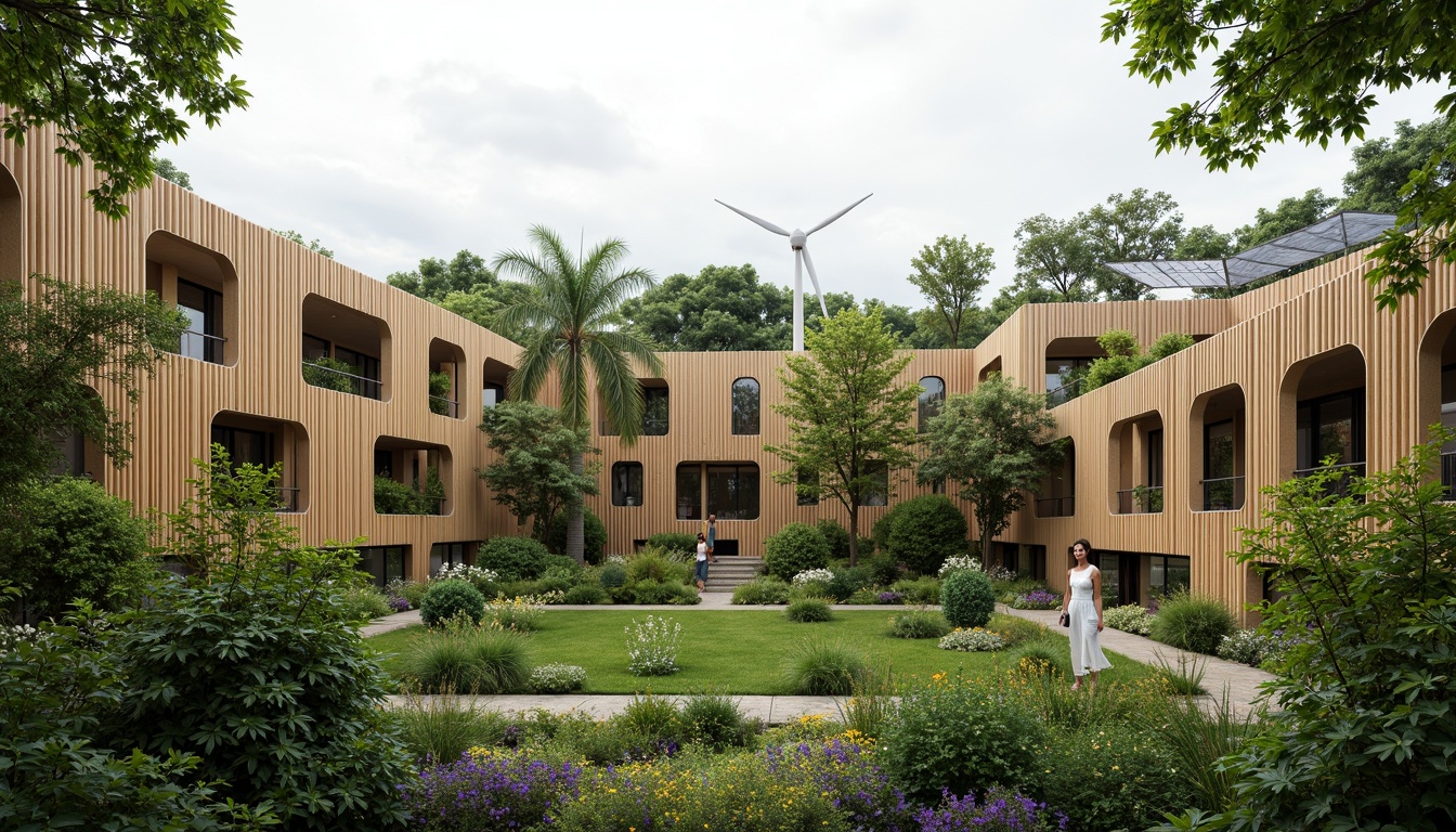 Prompt: Eco-friendly buildings, lush green roofs, solar panels, wind turbines, rainwater harvesting systems, natural ventilation, recycled materials, bamboo facades, living walls, organic shapes, curved lines, earthy tones, serene atmosphere, soft natural lighting, shallow depth of field, 3/4 composition, panoramic view, realistic textures, ambient occlusion.