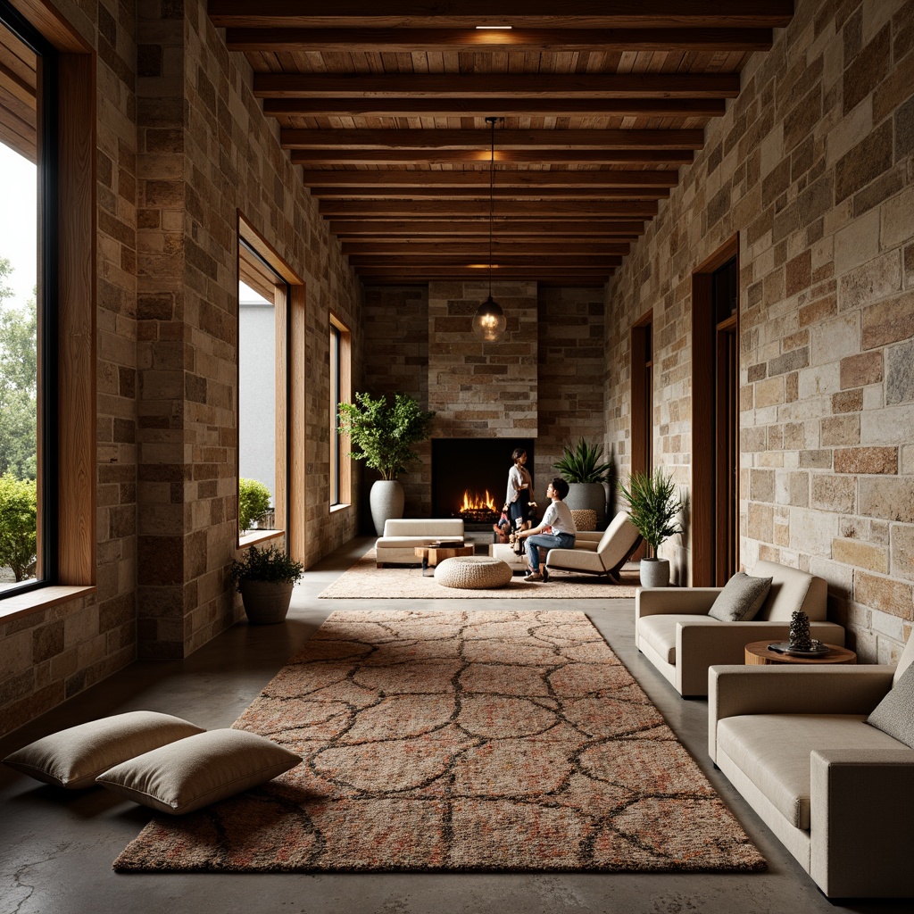 Prompt: Richly textured stone walls, warm wooden accents, soft plush carpets, metallic sheen, glassy reflections, natural fiber rugs, tactile concrete surfaces, intricate mosaic patterns, ambient lighting, cozy nooks, inviting seating areas, luxurious fabrics, earthy tones, organic shapes, serene atmosphere, shallow depth of field, 3/4 composition, realistic renderings.