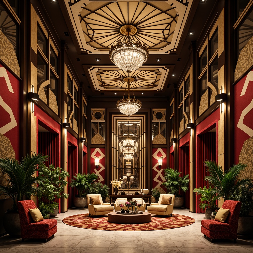 Prompt: Luxurious art deco interior, opulent geometric shapes, metallic accents, ornate patterns, chevron designs, zigzag motifs, sunburst patterns, stylized florals, bold color schemes, lavish textiles, velvet fabrics, chrome fixtures, crystal chandeliers, marble floors, high-contrast lighting, dramatic shadows, cinematic composition, low-angle shot, symmetrical framing, ornate moldings, gilded details, luxurious materials.