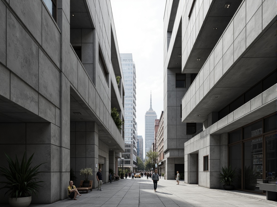 Prompt: Geometric buildings, brutalist architecture, raw concrete textures, industrial materials, minimalist decor, open floor plans, functional spaces, modular furniture, urban cityscape, busy streets, modern skyscrapers, abstract sculptures, monochromatic color scheme, high contrast lighting, dramatic shadows, 1/1 composition, symmetrical framing, stark atmospheric mood, realistic renderings.