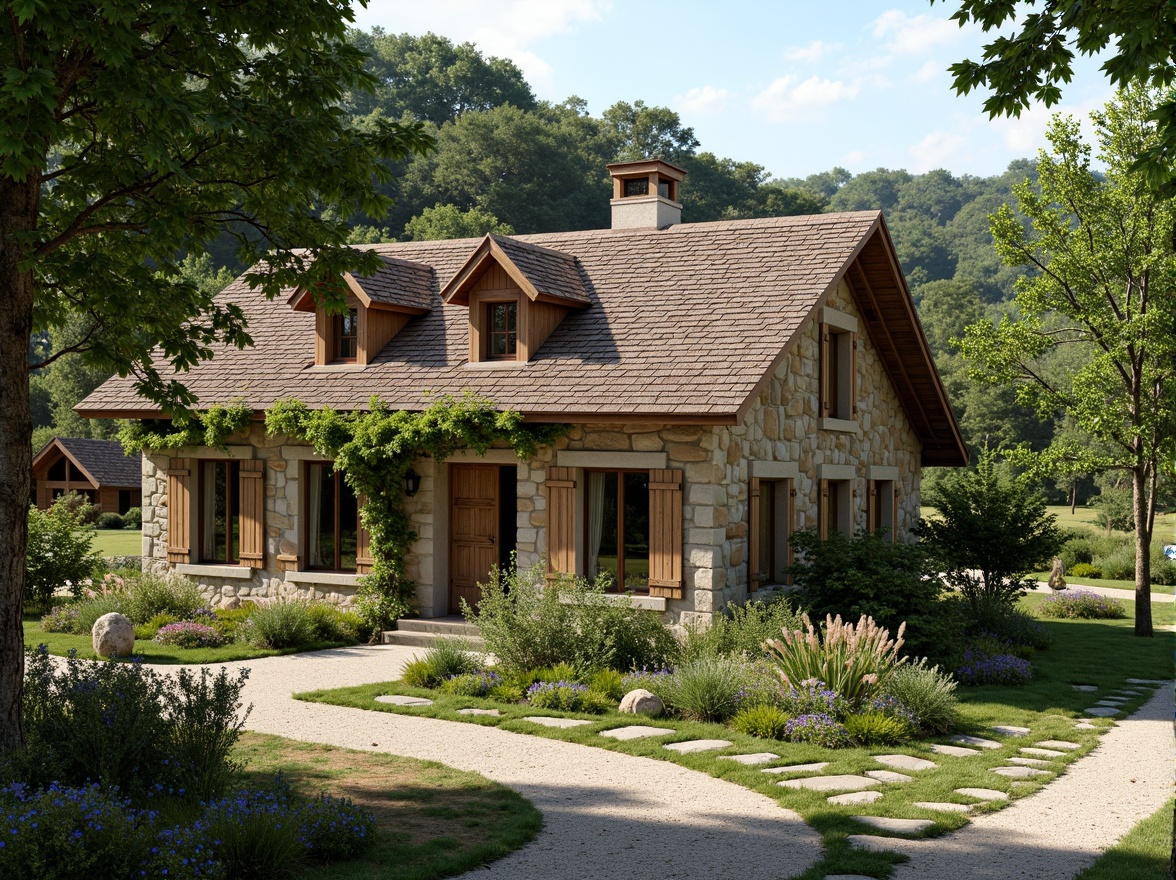 Prompt: Rustic rural cottage, natural stone walls, wooden shutters, earthy color palette, pitched roof, overhanging eaves, lush greenery, blooming wildflowers, winding country roads, serene countryside, warm sunny day, soft diffused lighting, shallow depth of field, 1/2 composition, intimate framing, realistic textures, ambient occlusion.