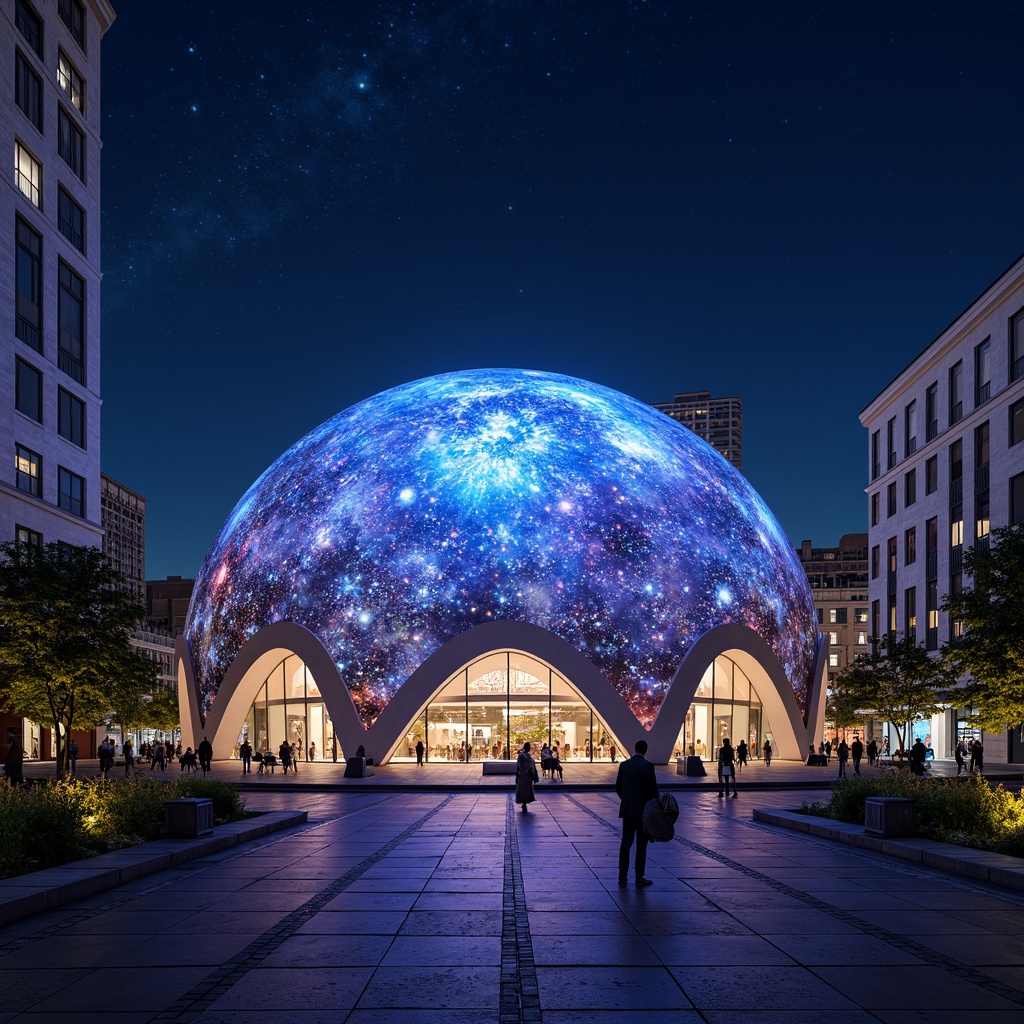 Prompt: Glowing planetarium dome, futuristic facade design, sleek metallic surfaces, neon-lit celestial patterns, starry night sky, modernist architecture, curved lines, geometric shapes, minimalist aesthetic, LED light installations, ambient lighting effects, shallow depth of field, 1/1 composition, panoramic view, realistic textures, ambient occlusion, urban cityscape, bustling streets, vibrant nightlife, cosmopolitan atmosphere.