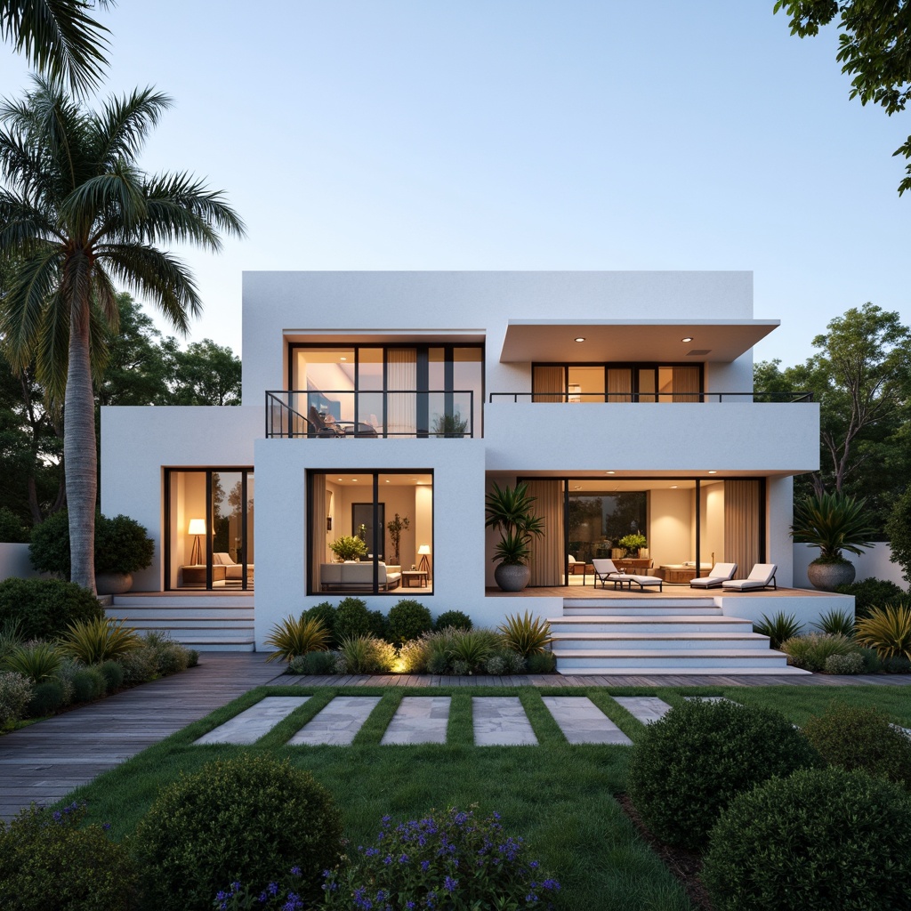 Prompt: Luxurious villa, modernist facade, clean lines, minimal ornamentation, large windows, sliding glass doors, white stucco walls, flat roofs, cantilevered balconies, steel railings, lush greenery, tropical plants, private courtyard, natural stone pathways, warm ambient lighting, soft shadows, 1/1 composition, realistic textures, subtle color palette, Mediterranean-inspired architecture, elegant simplicity, sophisticated minimalism.