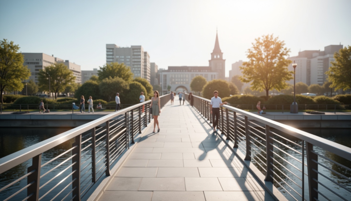 Prompt: Pedestrian bridge, sleek modern design, stainless steel railings, horizontal bars, rounded edges, safety features, anti-slip coatings, urban landscape, city skyline, sunny day, soft warm lighting, shallow depth of field, 3/4 composition, panoramic view, realistic textures, ambient occlusion.