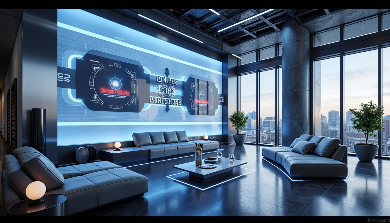 Prompt: Futuristic interior space, sleek metallic walls, neon-lit accents, holographic displays, levitating furniture, minimalist decor, curved lines, aerodynamic shapes, iridescent color scheme, ambient LED lighting, soft glowing orbs, futuristic gadgets, virtual reality interfaces, augmented reality projections, high-tech appliances, smart home systems, automated sliding doors, panoramic city views, atmospheric misting system, 3/4 composition, shallow depth of field, cinematic camera angles.