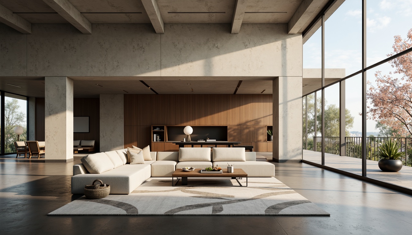 Prompt: Modern minimalist living room, sleek low-profile furniture, neutral color palette, polished concrete floors, floor-to-ceiling windows, natural light pouring in, functional storage units, multi-functional coffee table, comfortable sectional sofa, geometric patterned rug, ambient warm lighting, 1/1 composition, shallow depth of field, realistic textures.