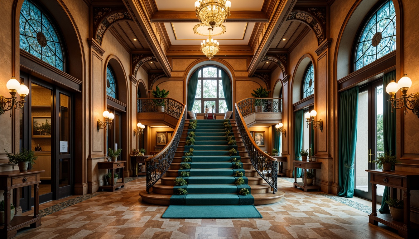 Prompt: Grand staircase, ornate metal railings, flowing organic lines, vibrant turquoise accents, stained glass windows, intricate wooden paneling, curved doorways, luxurious velvet drapes, richly patterned rugs, elegant chandeliers, warm golden lighting, shallow depth of field, 1/1 composition, symmetrical balance, realistic textures, ambient occlusion, ornate plaster ceilings, decorative moldings, grandiose entrance halls, sweeping archways.