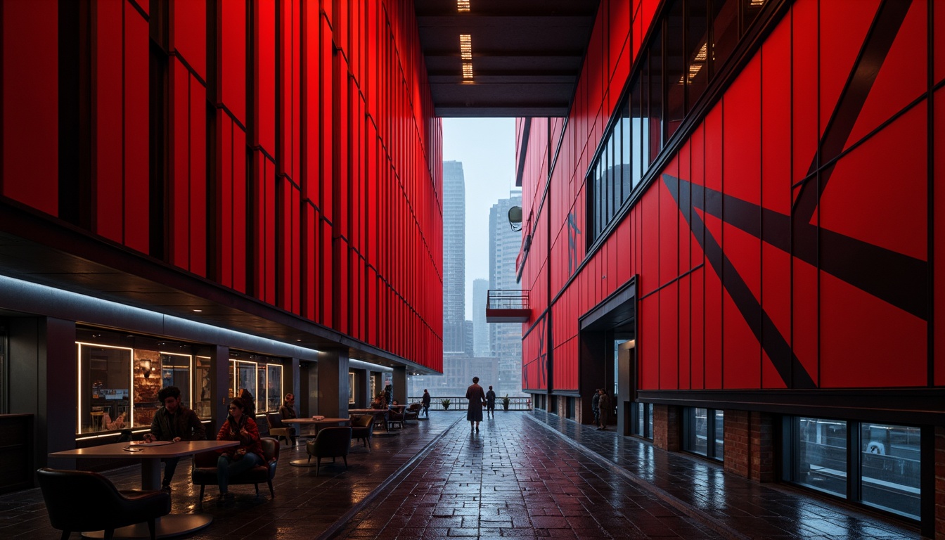 Prompt: Vibrant red curtains, bold black outlines, geometric shapes, abstract forms, avant-garde architecture, industrial materials, exposed brick walls, metallic accents, dynamic lighting, dramatic shadows, futuristic atmosphere, urban cityscape, rainy night, misty fog, cinematic mood, high-contrast colors, bold typography, constructivist patterns, fragmented compositions, overlapping planes, diagonal lines, kinetic energy, experimental spirit.