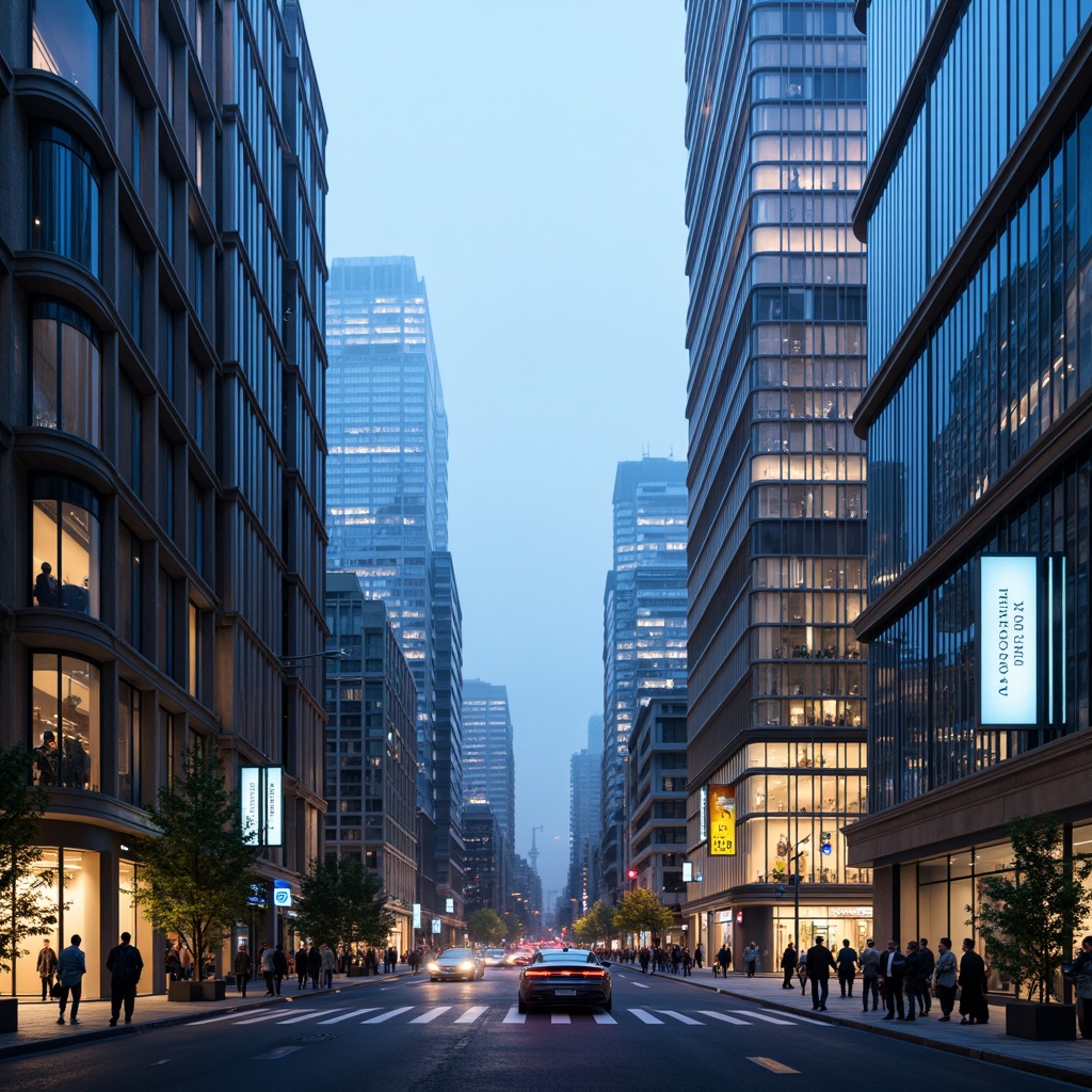 Prompt: Futuristic cityscape, sleek skyscrapers, iridescent glass facades, metallic frames, neon lights, holographic advertisements, bustling streets, flying cars, robotic pedestrians, cyberpunk atmosphere, misty evening, soft blue lighting, shallow depth of field, 1/1 composition, panoramic view, realistic reflections, ambient occlusion.