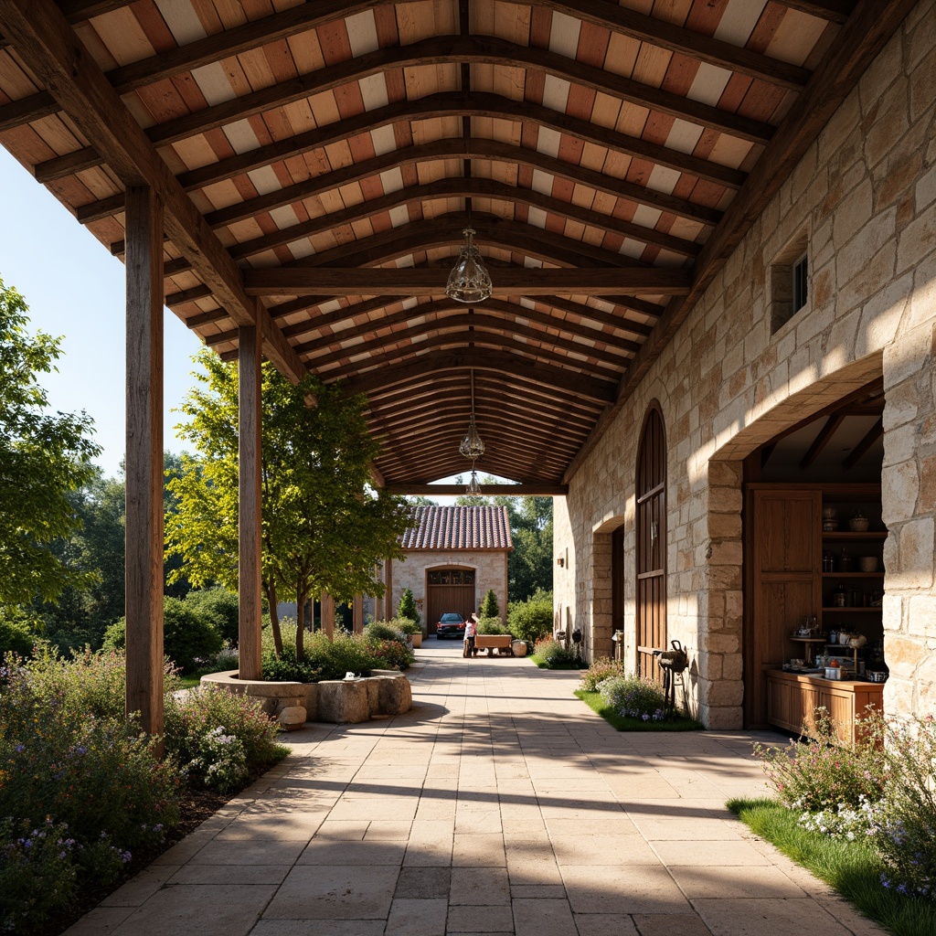 Prompt: Rustic barn, renaissance revival style, curved rooflines, terra cotta tiles, weathered wooden beams, ornate metalwork, vintage farm tools, lush greenery, blooming wildflowers, sunny afternoon, warm soft lighting, shallow depth of field, 1/1 composition, realistic textures, ambient occlusion, natural stone walls, earthy color palette, distressed wood accents, decorative trusses, grand entranceways, symmetrical facade, classic European influences.