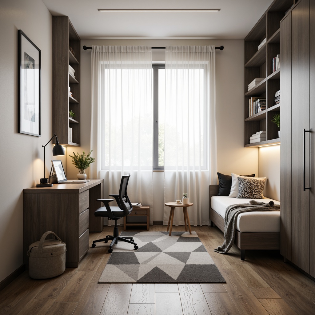 Prompt: Simple dorm room, minimal decor, monochromatic color scheme, sleek metal furniture, compact storage units, clutter-free space, natural light pouring in, sheer white curtains, wooden flooring, geometric-shaped rug, modern desk lamp, ergonomic chair, built-in shelves, industrial-chic accents, calm atmosphere, soft warm lighting, shallow depth of field, 1/1 composition, realistic textures, ambient occlusion.