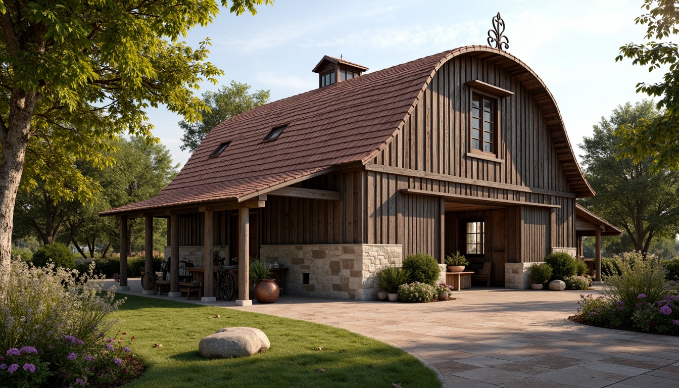 Prompt: Rustic barn, renaissance revival style, curved rooflines, terra cotta tiles, weathered wooden beams, ornate metal decorations, vintage farm tools, lush greenery, blooming wildflowers, sunny afternoon, soft warm lighting, shallow depth of field, 3/4 composition, panoramic view, realistic textures, ambient occlusion, distressed wood accents, earthy color palette, natural stone foundations, asymmetrical facade, decorative trusses, ornate roof finials.