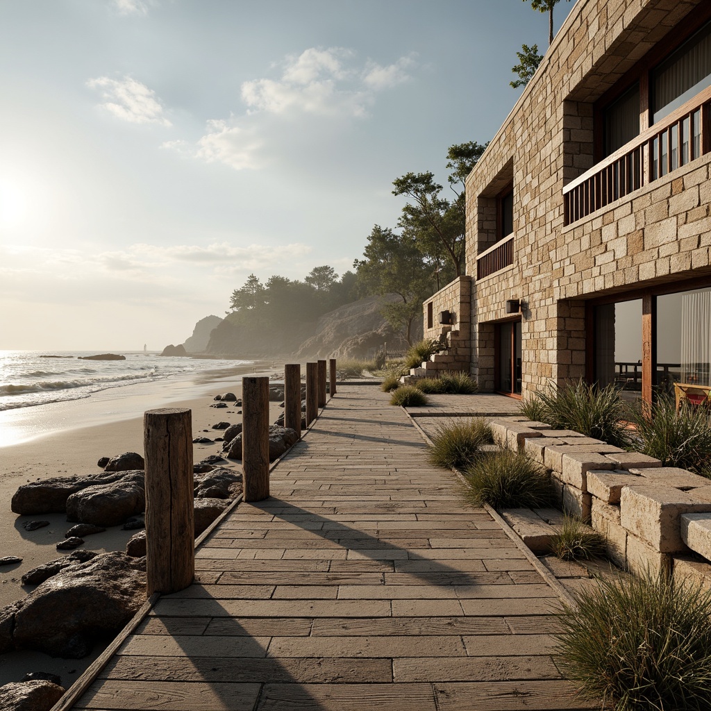 Prompt: Weathered wooden docks, rusty metal railings, rough stone walls, driftwood accents, sea-salt-eroded concrete, ocean-battered brick facades, coral-inspired stucco, sandy dune-like terrain, misty ocean air, warm sunlight, soft focus, shallow depth of field, 1/2 composition, realistic textures, ambient occlusion, natural worn edges, distressed finishes, beachy color palette.