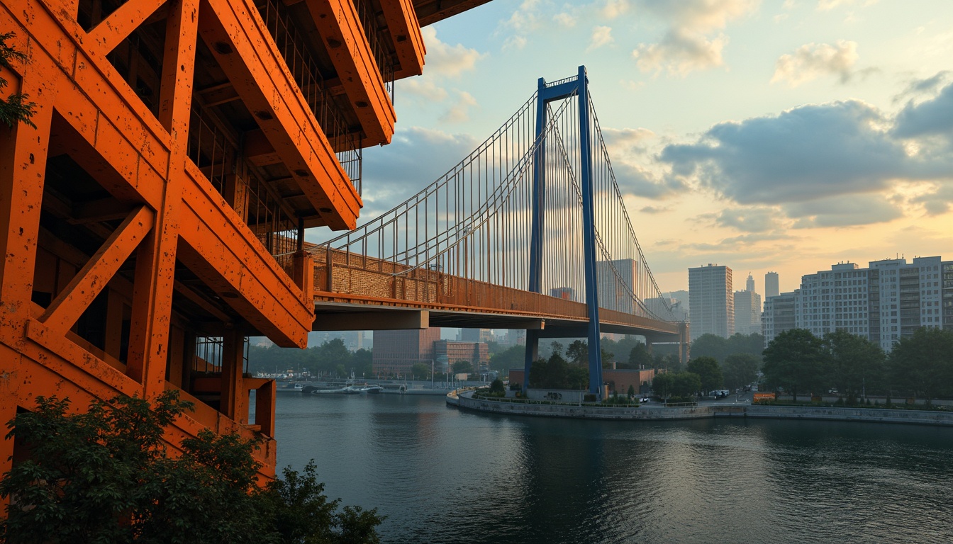 Prompt: Vibrant orange suspension cables, deep blue steel beams, warm golden lighting, misty atmospheric effects, rugged stone piers, dynamic angular shapes, bold geometric patterns, expressive brushstroke textures, moody chiaroscuro shading, dramatic high-contrast colors, futuristic urban landscape, bustling cityscape, fast-paced cinematic camera movements, shallow depth of field, 2.5D composition, stylized realistic rendering.