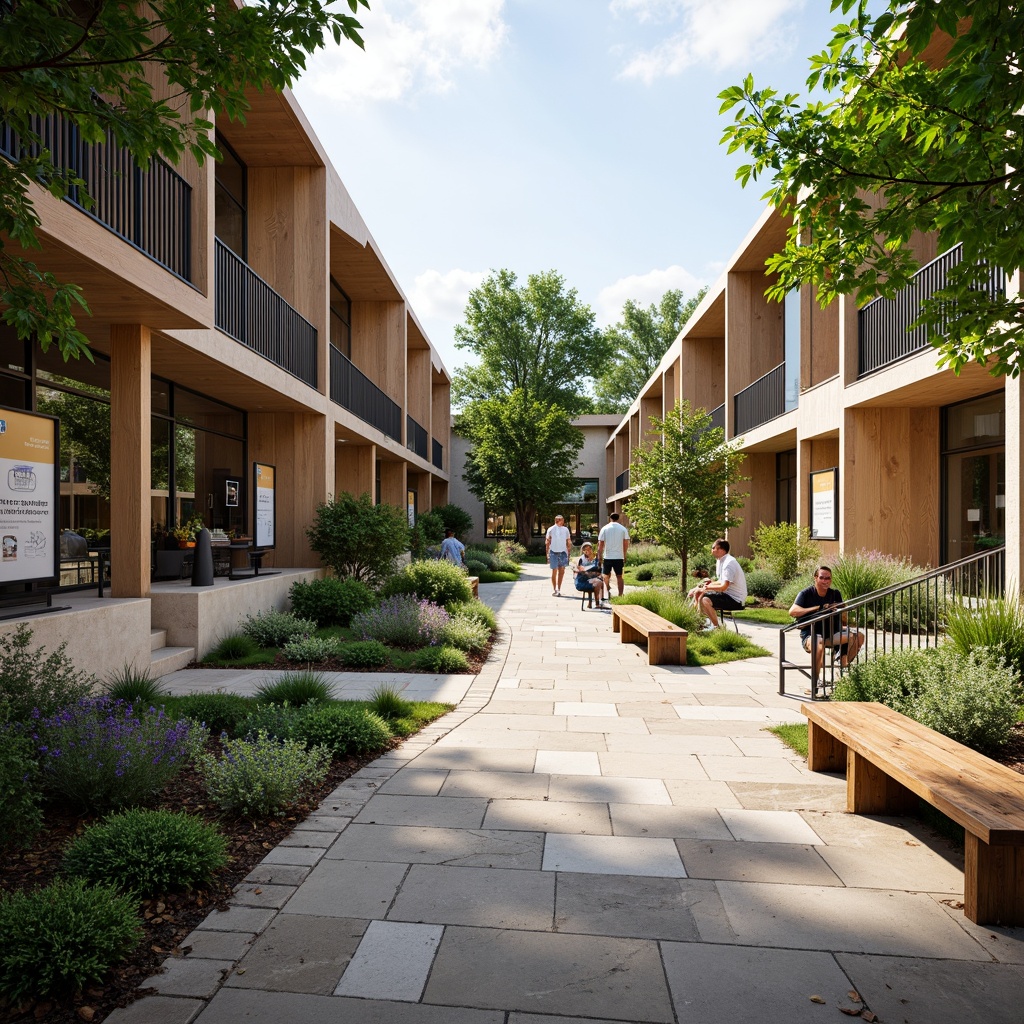 Prompt: \Visitor center courtyard, natural stone paving, lush greenery, native plant species, meandering walkways, educational signage, interactive exhibits, outdoor seating areas, wooden benches, rustic metal railings, modern architecture, large windows, glass doors, cantilevered roofs, sunny day, soft warm lighting, shallow depth of field, 3/4 composition, panoramic view, realistic textures, ambient occlusion.\