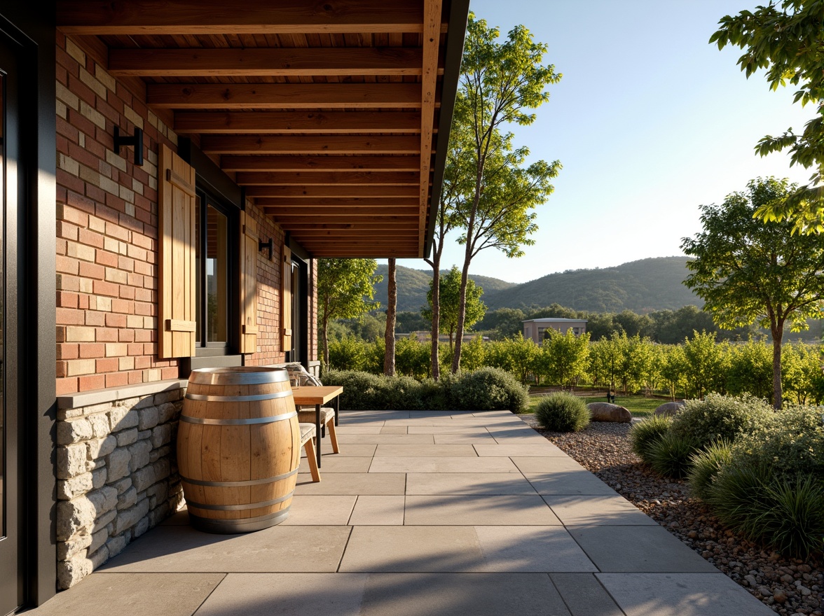 Prompt: Rustic winery social housing, earthy tone brick facades, wooden accents, natural stone walls, reclaimed wood flooring, exposed beam ceilings, industrial metal doors, vintage wine barrels, lush green vines, rolling hills, sunny afternoon, warm soft lighting, shallow depth of field, 3/4 composition, panoramic view, realistic textures, ambient occlusion.