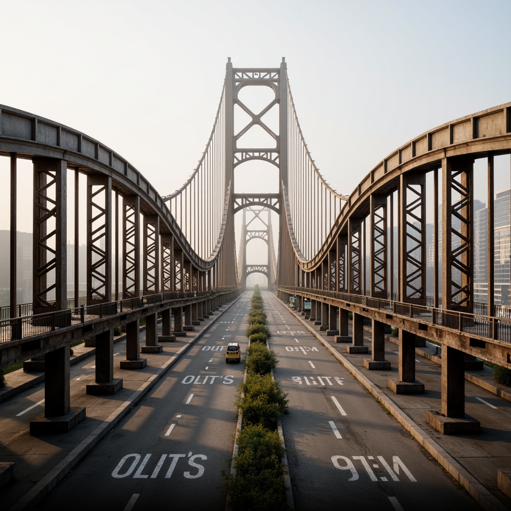 Prompt: Rustic vehicular bridge, steel arches, suspension cables, concrete piers, asphalt roadways, metallic railings, modern infrastructure design, urban cityscape, misty morning atmosphere, soft warm lighting, shallow depth of field, 3/4 composition, panoramic view, realistic textures, ambient occlusion.