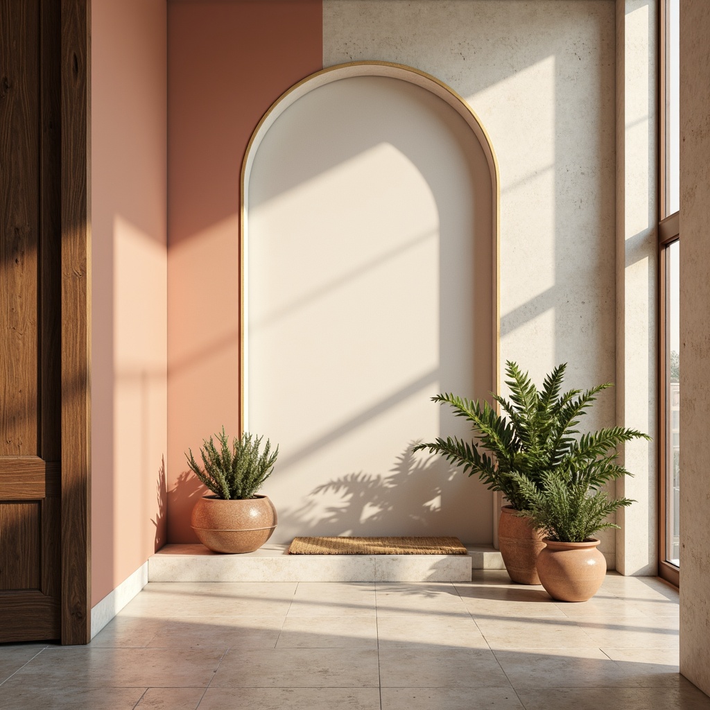 Prompt: Soft peach tones, creamy whites, warm beige accents, rich walnut wood, subtle gold metallic hints, delicate linen textures, natural stone backgrounds, earthy terracotta pots, lush green foliage, misty morning light, shallow depth of field, 1/2 composition, realistic renderings, ambient occlusion.