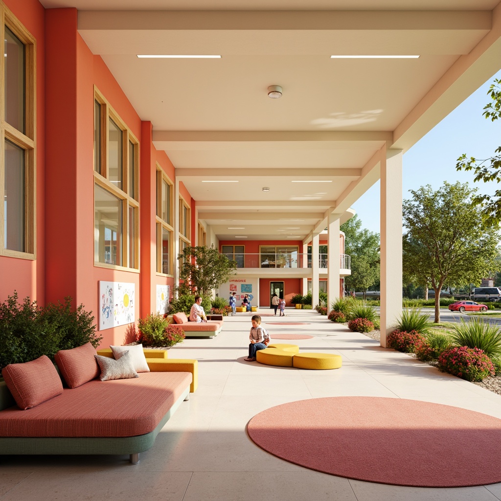 Prompt: Vibrant elementary school, playful color scheme, warm beige walls, soft pastel hues, bright coral accents, creamy white trim, natural wood tones, cheerful polka dots, whimsical illustrations, educational graphics, interactive displays, cozy reading nooks, comfortable seating areas, abundant natural light, large windows, sliding glass doors, lush greenery, blooming flowers, sunny day, gentle warm lighting, shallow depth of field, 3/4 composition, panoramic view, realistic textures, ambient occlusion.