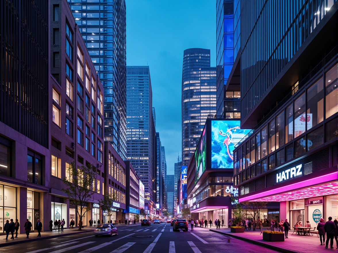 Prompt: Neon-lit cityscape, metallic skyscrapers, iridescent glass facades, holographic advertisements, cyberpunk alleys, neon-drenched streets, futuristic transportation hubs, levitating cars, hyper-modern skyscrapers, LED-infused buildings, electric blue accents, vibrant pink hues, luminescent whites, dark greys, sleek silvers, chrome finishes, geometric patterns, 3D-printed structures, augmented reality interfaces, virtual reality landscapes, panoramic city views, high-contrast lighting, cinematic depth of field, futuristic urban planning.