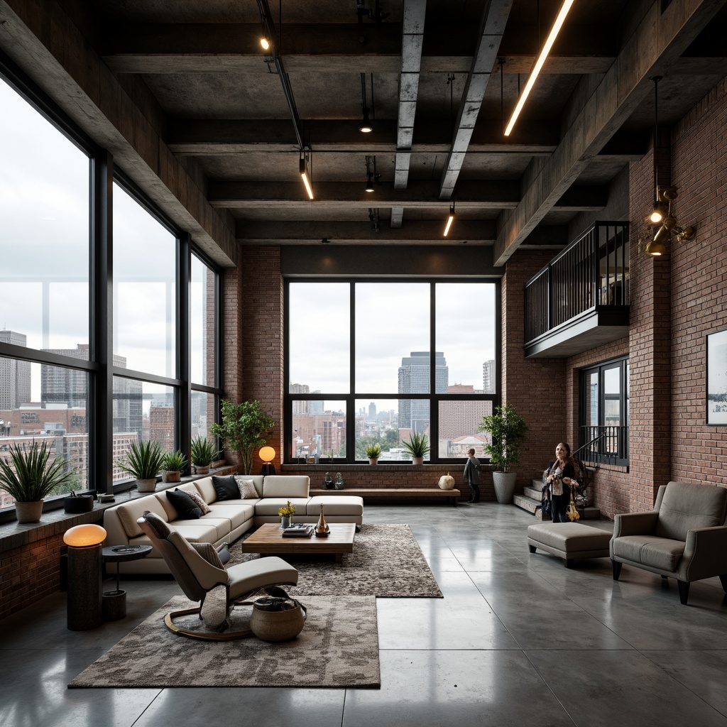 Prompt: Industrial chic loft, exposed brick walls, metal beams, polished concrete floors, minimalist decor, sleek lines, modern high-tech gadgets, futuristic lighting fixtures, floor-to-ceiling windows, cityscape views, urban landscape, cloudy day, soft natural light, shallow depth of field, 3/4 composition, panoramic view, realistic textures, ambient occlusion, reclaimed wood accents, industrial metal stairs, open-plan living area, cozy reading nooks, plush sectional sofas, geometric patterned rugs.