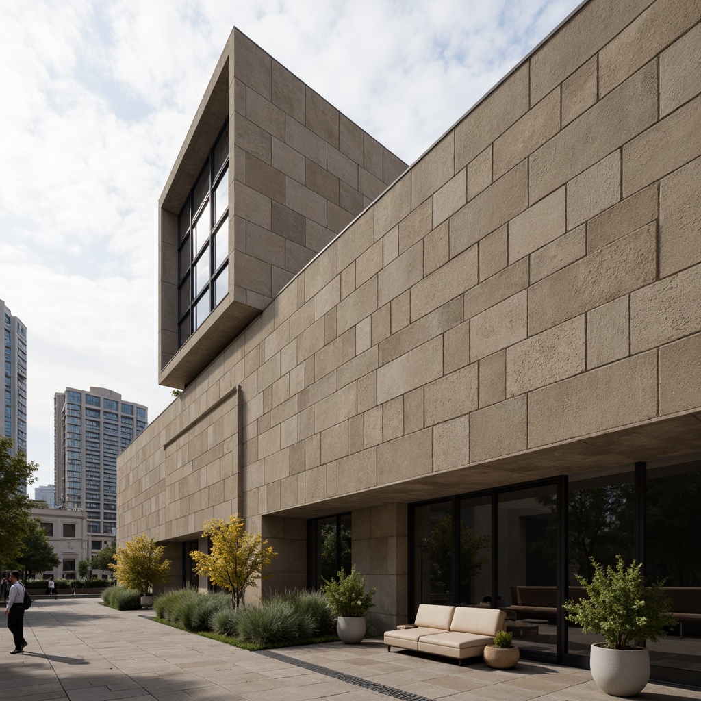 Prompt: Lavacrete building facade, rough stone texture, earthy tone, natural material, modern architecture, sleek lines, minimalist design, urban cityscape, cloudy sky, soft diffused lighting, shallow depth of field, 1/1 composition, realistic rendering, ambient occlusion.