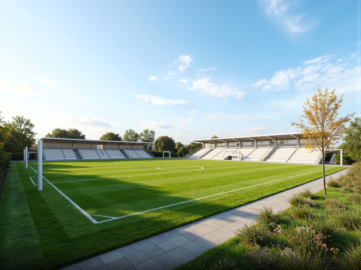 Prompt: Simple sports field, lush green grass, white goalposts, minimalist bleachers, clean lines, modernist architecture, sleek metal fences, natural stone pathways, sparse trees, clear blue sky, warm sunny day, soft diffused lighting, shallow depth of field, 3/4 composition, panoramic view, realistic textures, ambient occlusion.