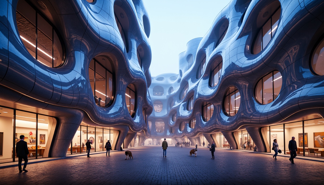 Prompt: Organic blob-shaped buildings, futuristic facade design, iridescent colors, glossy finishes, undulating curves, parametric architecture, algorithmic patterns, LED lighting installations, neon accents, translucent materials, 3D-printed components, cantilevered structures, asymmetrical compositions, abstract shapes, sci-fi ambiance, misty atmosphere, soft focus, shallow depth of field, 1/1 composition, cinematic view.