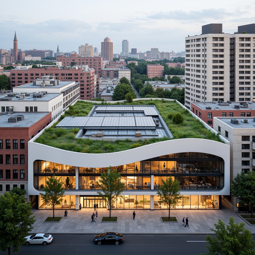 Prompt: Curved rooflines, green roofs, solar panels, modern administrative buildings, sleek glass facades, minimalist design, cantilevered structures, open-air atriums, natural ventilation systems, energy-efficient solutions, urban cityscape, bustling streets, vibrant street art, pedestrian-friendly walkways, accessible ramps, wheelchair-accessible entrances, transparent glass doors, warm wooden accents, soft diffused lighting, shallow depth of field, 1/1 composition, realistic textures, ambient occlusion.