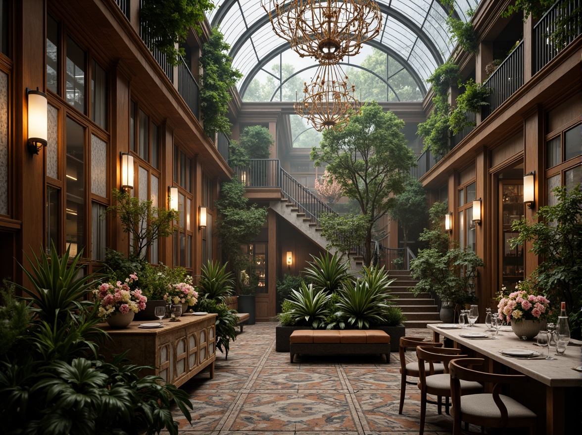 Prompt: Intricate ironwork, lush greenery, ornate chandeliers, grandiose archways, lavish furnishings, velvet drapes, gilded accents, marble countertops, crystal glassware, exotic flowers, tropical plants, misty atmosphere, soft warm lighting, shallow depth of field, 1/1 composition, realistic textures, ambient occlusion, luxurious ambiance, opulent decor, Baroque-inspired patterns, intricate carvings, ornate mirrors, grand staircase.